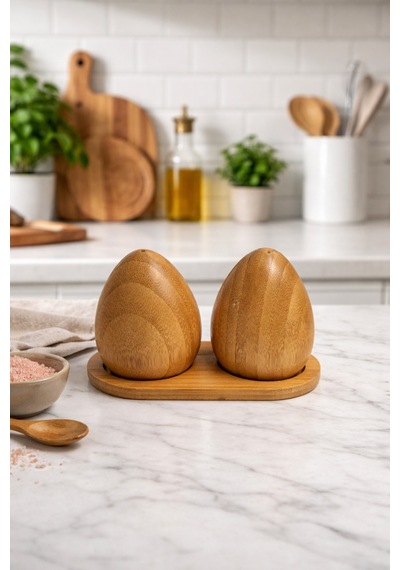 Makri Home Bambu Tuzluk & Karabiberlik Seti, Damla Tasarım, Stantlı Doğal Bambu Baharatlık Diğer