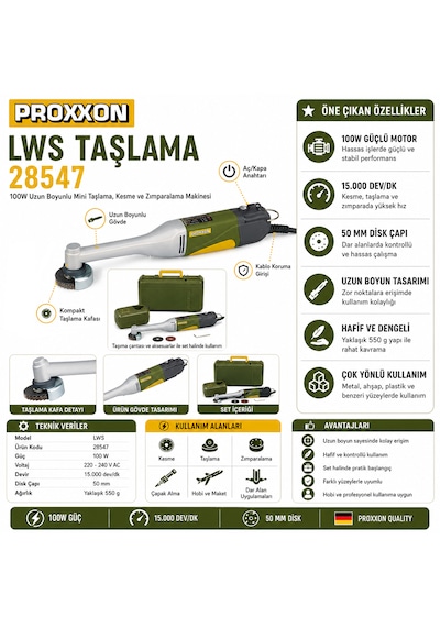 Proxxon Lws 28547 Uzun Boyunlu Taşlama 100w 50 Mm Mini Avuç Taşlama
