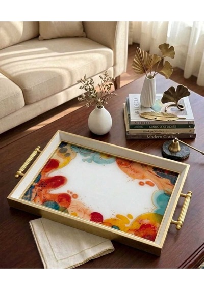 Soyut Desenli Dekoratif Tepsi & Krem Gold Çerceveli Kulplu Çay Kahve Sunum Tepsisi