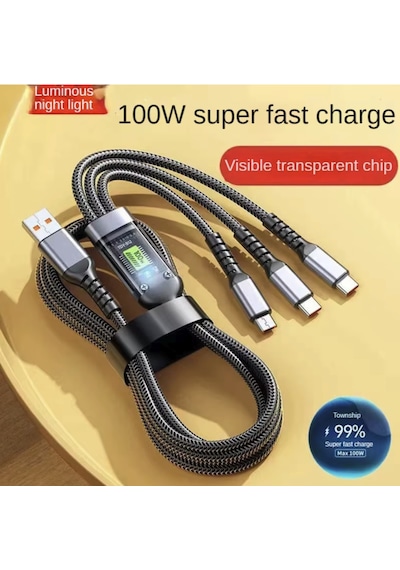 100w Çok Hızlı Kopmaz Spiral 3 Başlıklı Çok Hızlı Şarj Kablosu Telefon Tablet Uyumlu Carplay