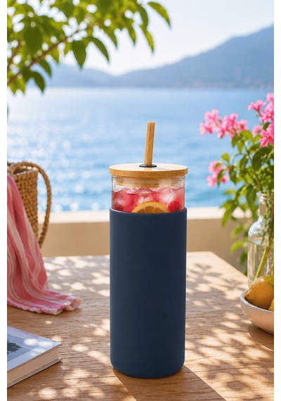Bambu Pipetli Cam Bardak 550 Ml Silikon Kılıflı Kahve Bubble Tea Ve Su Şişesi - Mavi