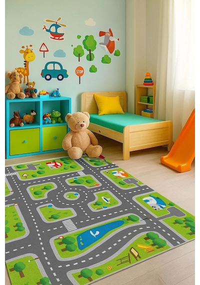 Yeşil Renk Şeritli Yol Çocuk Odası Oyun Halısı Yeşil
