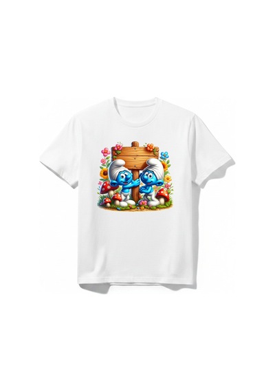 Urbantrendstore Şirinleer Unisex Kız Çocuk Erkek Çocuk Bisiklet Yuvarlak Yaka Basic Kısa Kollu %100 Pamuk Tişört Beyaz