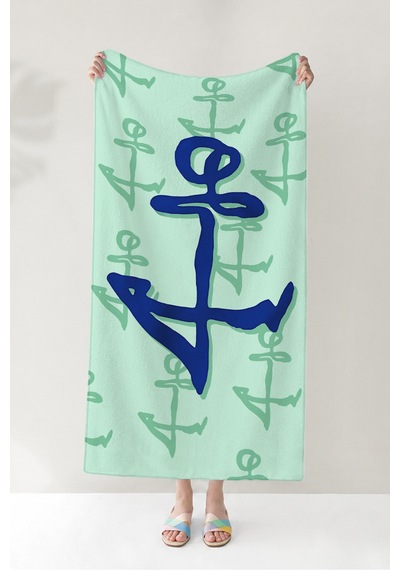 Çapa Marine Mint Plaj Havlusu - Akdeniz Modern Lacivert Turkuaz Hızlı Kuruyan Mikrofiber Havlu Çok Renkli