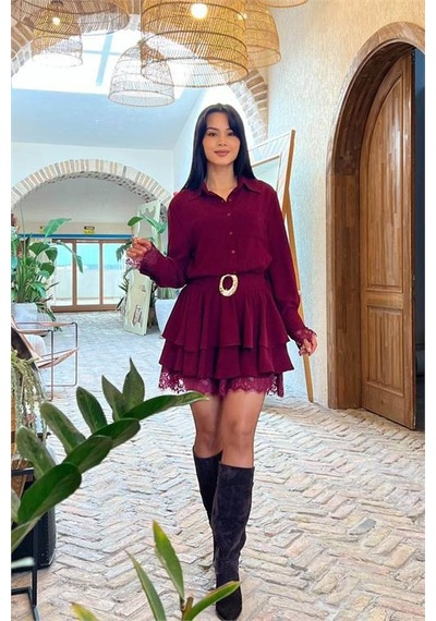 Neşeli Butik Kadın Bordo Gömlek Yaka Dantel Detaylı Kat Kat Mini Elbise Nbmy3858 Bordo