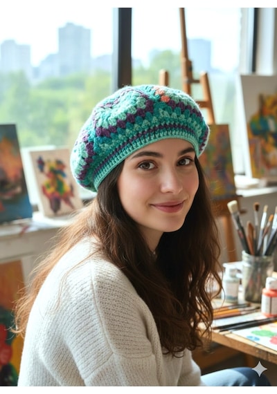 Kemzey Handmade El Yapımı Ressam Beresi , Kadın Ressam Bere, Renkli Kadın Bereleri Mor - Yeşil