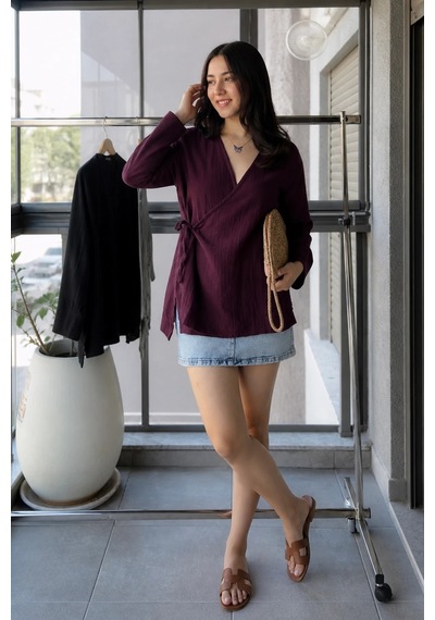 Bbbutikbasic Bağlamalı Müslin Kimono Ceket My3535 Mürdüm