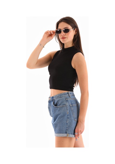 Loısy Kadın Likralı Kolsuz Crop Bluz Siyah