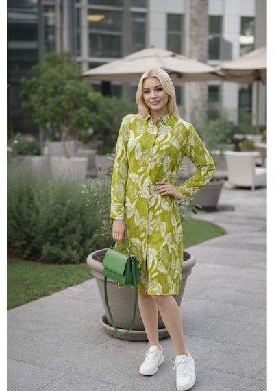 Polologin Butik Yaprak Desenli Pamuklu Gömlek Elbise Yeşil Beyaz Yeşil