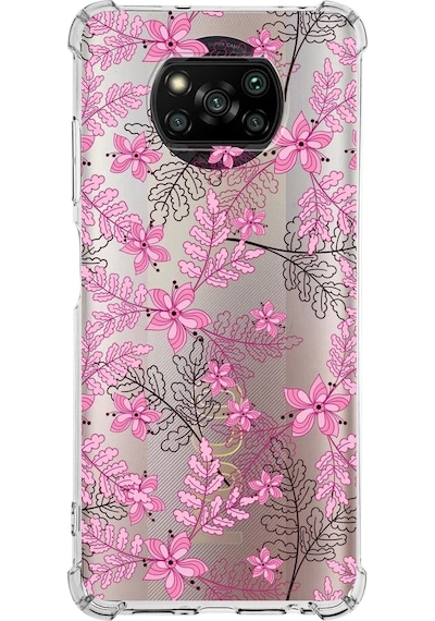 Xiaomi Poco X3 Pro Köşe Korumalı Antişok Kapak Floral Pembe Tasarımlı Şeffaf Silikon Kılıf