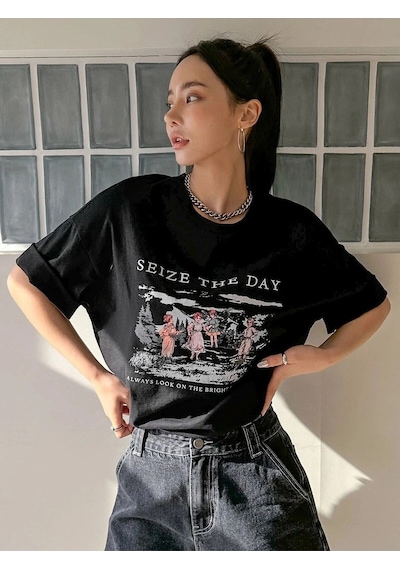 Tarzsokak Kadın Siyah Seize The Day Baskılı Oversize T-shirt Siyah