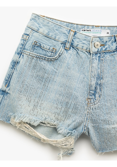 Koton Yüksek Bel Rahat Kesim Pamuklu Yırtık Mini Denim Şort Orta İndigo 5sal40003md Indigo