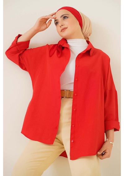 Bigdart 103901 Oversize Basic Tesettür Gömlek - Kırmızı 001