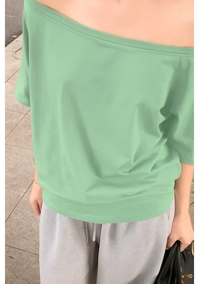 Su Yeşili Kadın Düşük Omuz Kayık Yaka Oversize T-shirt Su Yeşili