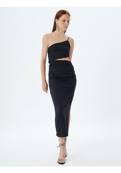 Koton Midi Elbise Yırtmaçlı Pencere Detaylı Tek Omuz Askılı Drapeli Slim Fit Siyah 4sak80220fk Siyah