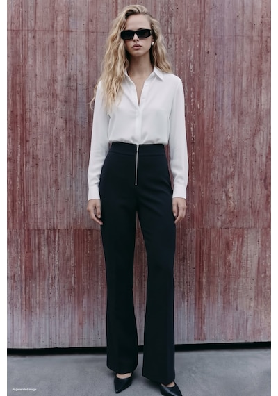 Sateen Fermuar Detaylı Pantolon - Siyah-138059