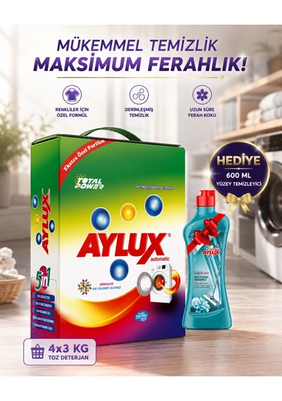 Aylux Toz Deterjan 4 x 3 KG + Yüzey Temizleyici 600 ML