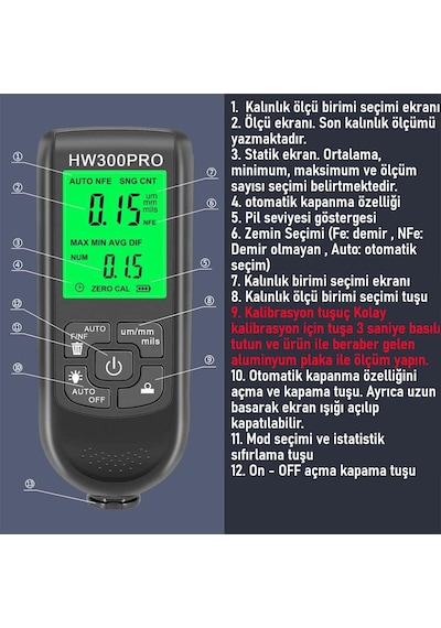 Valkyrie Hw-300 Pro Kaplama Kalınlığı Ölçer 0-2000 Μm Ölçüm Aralığı, Fe/nfe Algılama, Arka Aydınlatmalı Lcd