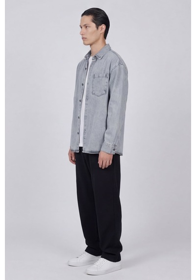 Sabri Özel Erkek Açık Gri Normal Kesim Regular Fit Pamuk Torba Cep Uzun Kollu Denim Ceket Gömlek