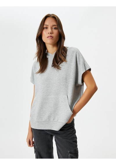 Koton Kapşonlu Sweatshirt Kısa Kollu Kanguru Cepli Viskoz Gri 4wak10235ek Gri