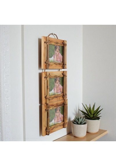 El Yapımı Doğal Ahşap 3 Lü Bambu Bamboo Fotoğraf Çerçevesi Dekoratif Ev Ofis Hediyesi Duvar Süsü - 6