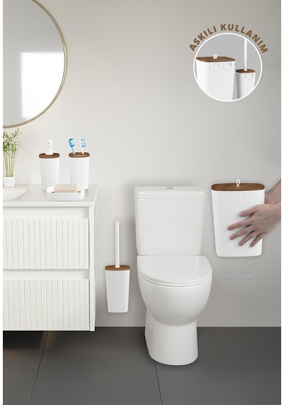 Safir Beyaz Ahşap Desenli Çizgili Banyo Seti 5 Parça Plastik