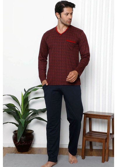 Alimer Erkek Bordo Ekoseli Desen V Yaka Cepli Erkek Pijama Takım EDY1178 Bordo