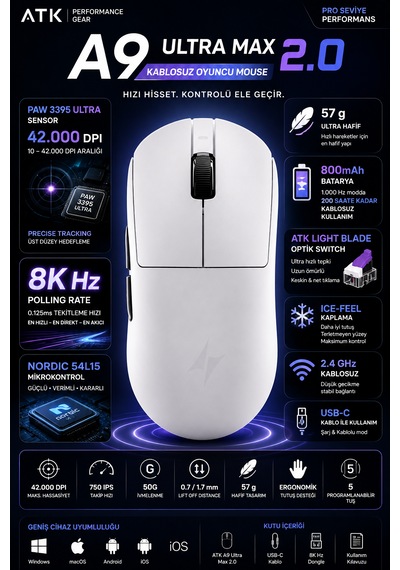 Atk Dragonfly A9 Ultra Max 2.0 Kablosuz Wireless Oyuncu Mouse