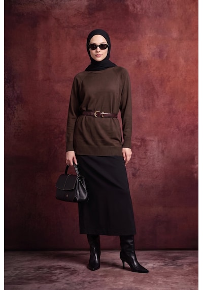 Armine Trend Bisiklet Yaka Uzun Kollu Sade Rahat Kesim Tunik Kahverengi 26ktd419