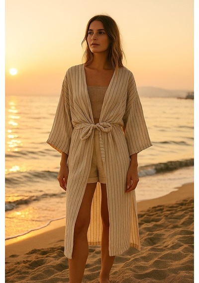 Enhitbaby Udenya Çizgili Oversize Müslin Kimono + Hediye Toka Ekru