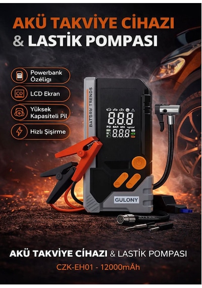 Akü Takviye Cihazlı Lcd Ekran Digital Gösterge Ledli Powerbank Özellik Araç Lastik Şişirme Pompası -