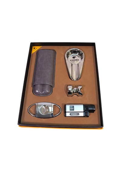 Cohiba 3 Torch Pürmüz Çakmak Kılıf Küllük Kesici Sehpa Gümüş Beşli Puro Seti Tr10029