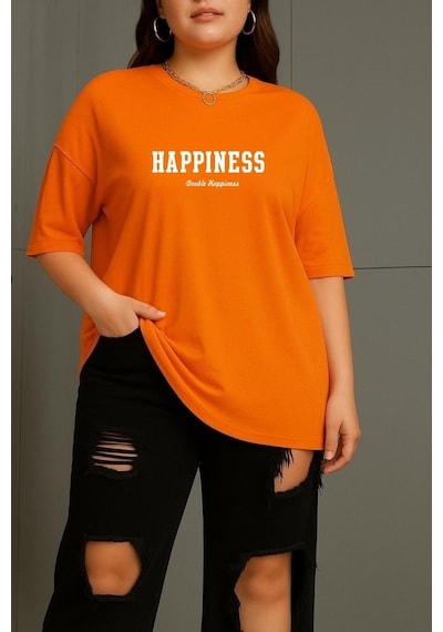 Büyük Beden Happıness Baskılı Unisex Tişört Turuncu