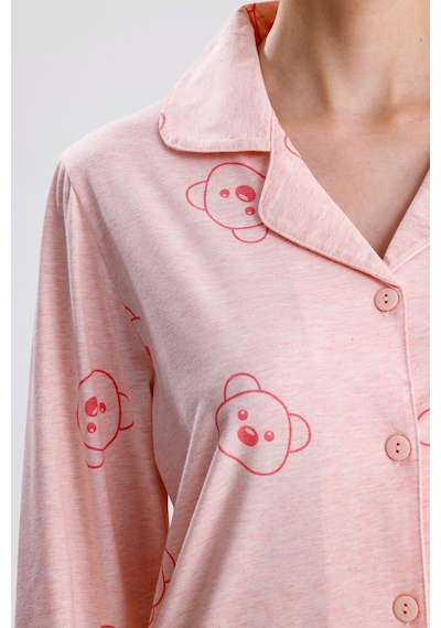 Yeni İnci Ayıcık Desen Pamuk Kadın Pijama Takım Pembe