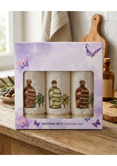 3 Lü Nakışlı Mutfak Havlusu Seti 30x50 Cm Kutulu Hediyelik Pamuk Mutfak Havluları Krem