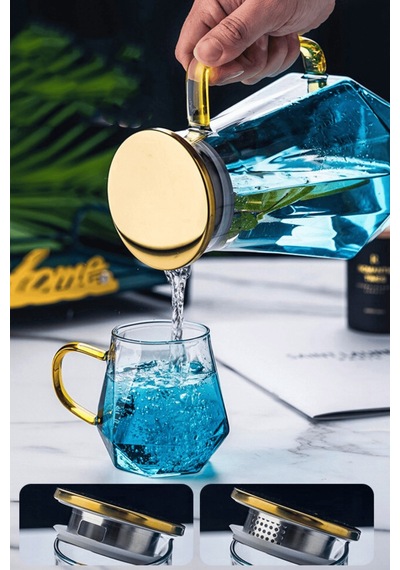 7 Parça Cam Meşrubat Takımı Süzgeçli Sürahi Ve Bardaklar 2 Litre Meşrubat Takımı