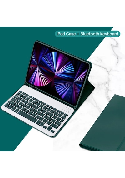 Apple Uyumlu iPad  Pro 4. Nesil M2 2022 11 Inç Bluetooth Klavyeli Kılıf Kalem Bölmeli Türkçe Klavye Koyu Yeşil