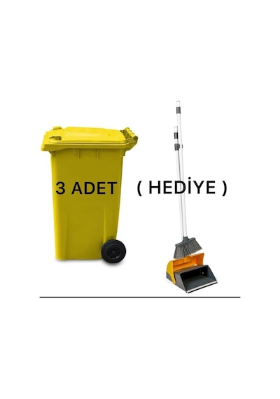 3 Adet Plastik Çöp Konteyneri 240 Lt Isıya Karşı Dayanıklı Kapaklı Faraş Hediyeli Sarı