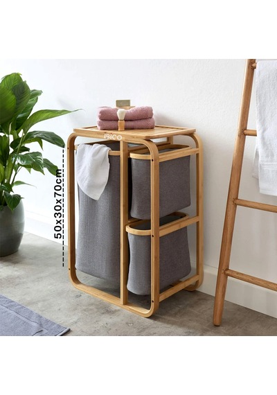 Ahşap Bambu 3 Bölmeli Çamaşır Sepeti 50x30x70 Cm Beyaz