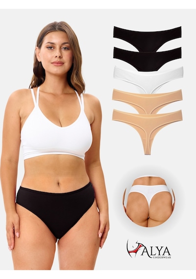 Alya Underwear Kadın Bato Tanga Pamuklu Külot, Büyük Beden String, 5'li Paket- 2 Siyah, 1 Beyaz, 2 Ten Renkli P02