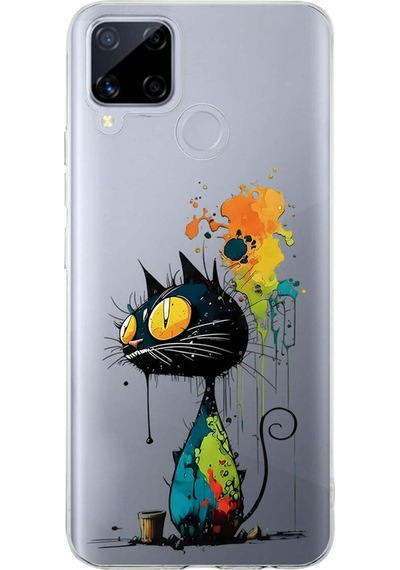 Realme C15 İle Uyumlu Splash Kedi Tasarımlı Şeffaf Silikon Kılıf Şeffaf