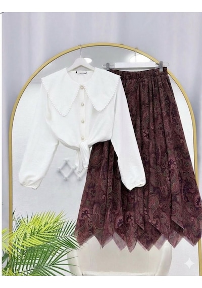 Lovie Moda Kadın Beyaz Gömlekli Tül Etek Takım - Bordo
