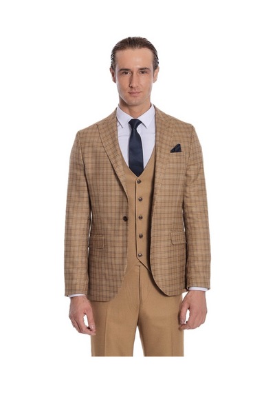 Wessi Ekose Ceketli Slim Fit Taba Erkek Takım Elbise Taba