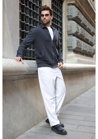 Madmext Füme Dik Yaka Çift Fermuarlı Cepli Erkek Triko Hırka E7198
