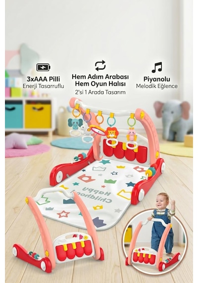 Müzikli Pilli Piyanolu 2'si 1 Arada Aktivite Halısı Ve İlk Adım Arabası Eğitici Oyun Merkezi Seti