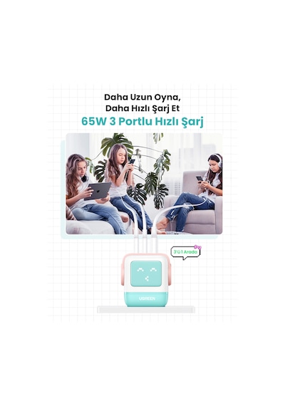 Ugreen Nexode Uno 65w Robot Gan Hızlı Şarj Cihazı 2xusb-c, 1xusb-a, Renkli, 35855