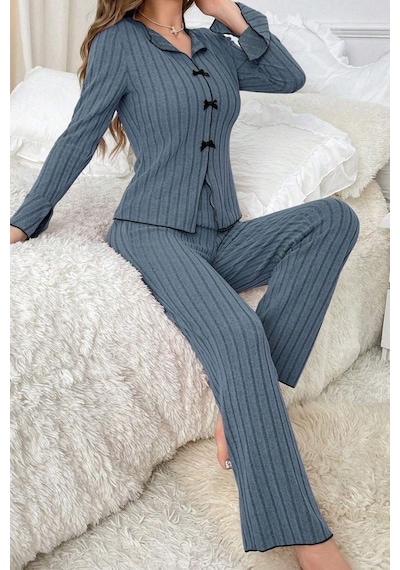 Bella Notte Mavi Uzun Kollu Fiyonk Detaylı Pijama Takımı