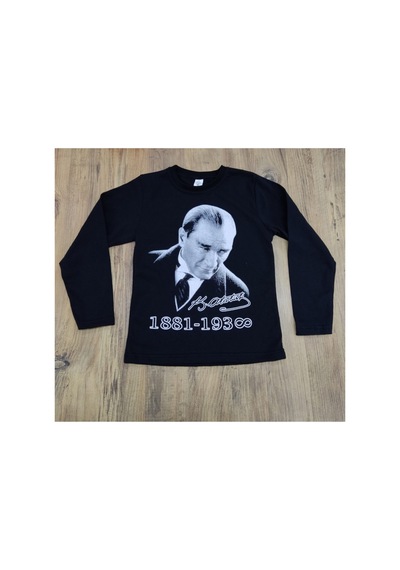 Çello Mello Unisex Çocuk Uzun Kollu Siyah Atatürklü Tişört Siyah Siyah