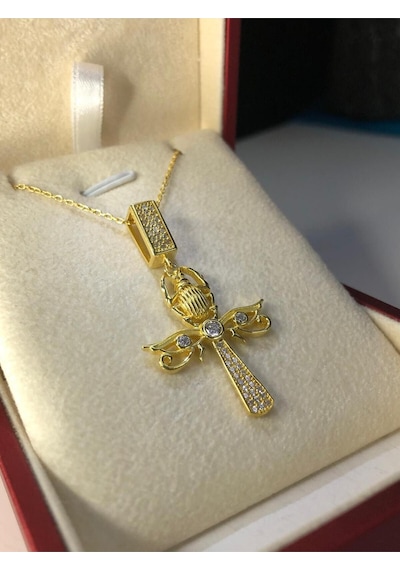 Ankh Mısır Scarab 925 Gümüş Kadın Kolye - Sevgiliye Eşe Anneye Arkadaşa Hediye Kolye