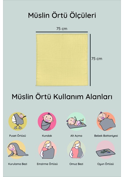 Luckka 3'lü Çok Amaçlı Müslin Örtü Seti - 75x75 Cm - Ztc200 Sarı Sarı